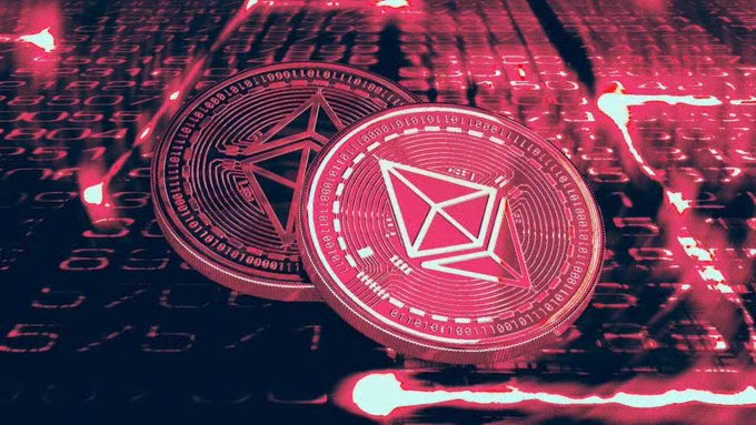 Two physical-style Ethereum (ETH) cryptocurrency coins rest on a dark surface covered in digital binary code and illuminated by red lighting.