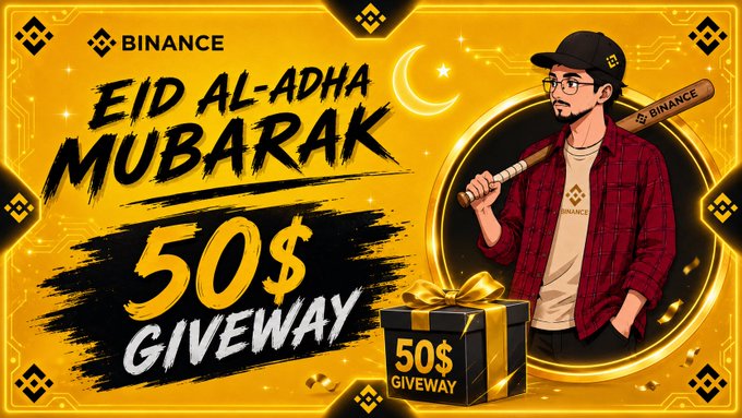 The image features a poster for an event called "Eid Mubarak" with a cartoon man holding a baseball bat, standing next to a gift box that says "50 $ Giveaway". The poster also includes text promoting a 50-dollar giveaway. The main focus of the image is on the man and the gift box, which are placed in front of each other.
