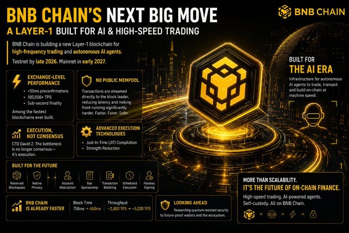 Promotional infographic for BNB Chain's new Layer-1 blockchain built for AI and high-speed trading, highlighting features like exchange-level performance (<50ms preconfirmations), no public mempool, advanced execution technologies, with testnet by late 2026 and mainnet by early 2027.
