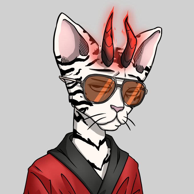 An artistic illustration of a white anthropomorphic cat with red glowing horns, wearing aviator sunglasses and a red robe, set against a gray background.