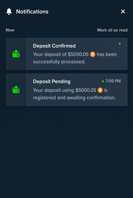 A Stake notifications panel displaying two alerts about a $5,000.05 deposit in Bitcoin (₿), one confirming the deposit was processed and another showing it was pending at 7:09 PM, supporting the post about depositing $5K into a Stake account.