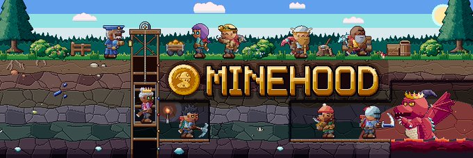 A pixel art style image shows various game characters engaged in mining activities in a cross-section view of a landscape, with the title 'MINEHOOD' and a gold coin logo displayed prominently.