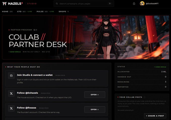 A screenshot of the HAZELS STUDIO website showing a "COLLAB // PARTNER DESK" page with instructions to join Studio, follow @0xhazels, and follow @Rosaaa, along with allocation status showing 3 WL allocated.