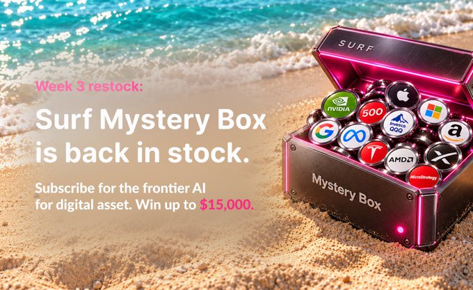 An advertisement for 'Surf Mystery Box' restocking in Week 3, featuring a chest full of tech company logos (NVIDIA, Google, Apple, Microsoft, Amazon) and a 'Win up to $15,000' promotion.