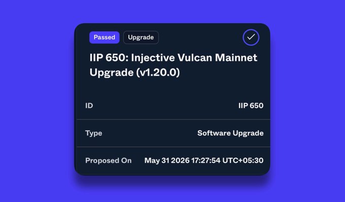 The image focuses on a software upgrade for a virtual machine called the "Vulcan Mainnet". The software update is set to run from May 21st through July 14th, and it aims to optimize the mainnet specifically for perpetuals, stablecoins, and tokenization. The main upgrades include an optimization of fees by injecting Viral into the virtual machine at a lower fee level.