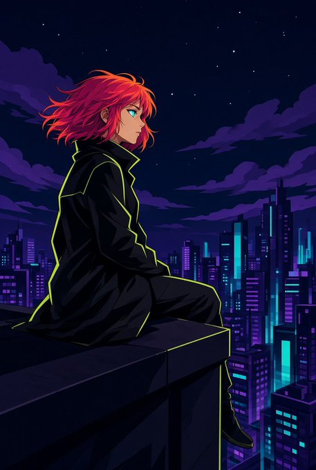 An anime-style illustration of a character with bright red hair and cyan eyes, wearing a black coat with glowing yellow trim, sitting on a ledge overlooking a neon-lit futuristic cityscape at night.