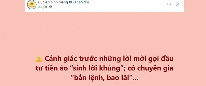 A Vietnamese cybersecurity warning from 'Cục An ninh mạng' cautioning against fraudulent crypto investment schemes promising 'sinh lời khủng' (huge profits) with so-called 'experts' giving trading tips.