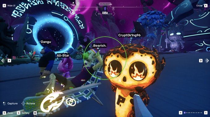 A screenshot from a video game (Fortnite) showing characters in a fantasy environment with usernames 'Dangu', 'All-Star', 'Beerish', and 'Crypt0k1ng96' visible above their heads.