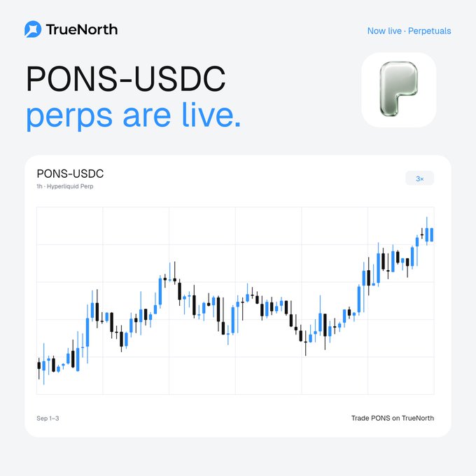 TrueNorth promotional graphic announcing 'PONS-USDC perps are live' as perpetuals, displaying a candlestick price chart for PONS-USDC over September 1-3 with a '3x' leverage indicator.