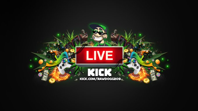 A vibrant "LIVE" stream graphic for Kick displays a mirrored collage of imagery including money, flames, masks, sports equipment, and a cartoon character, with the text "KICK.COM/RAWDOGG209" below. The colorful banner matches the post announcing the live stream event featuring 3500 Roobet and 1500 Packdraw GW for RawDogg209.