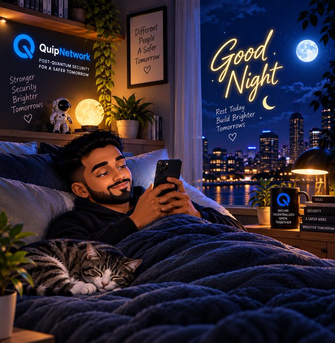 An illustrated advertisement for 'QuipNetwork' showing a man looking at his phone in bed at night with a sleeping cat, featuring slogans like 'Good Night - Rest Today, Build Brighter Tomorrows' and 'POST-QUANTUM SECURITY FOR A SAFER TOMORROW' with a city skyline and moon in the background.