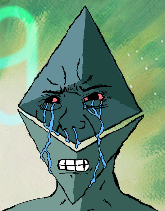An illustration of a diamond-shaped character with red eyes crying blue tears and gritting its teeth against a green background.