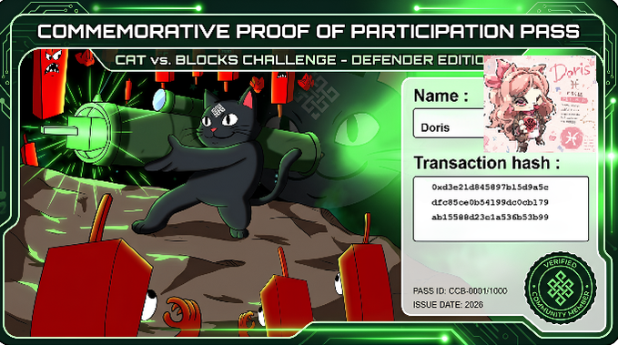 A black cat with a green shield stands on a rock, surrounded by red and white blocks, with the text "Commemorative Proof of Participation Pass" above it.