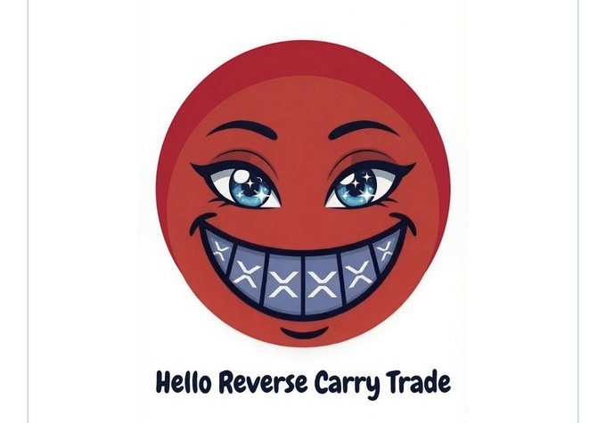 A grinning red emoji face with sparkling blue eyes and a wide, toothy smile, accompanied by the text "Hello Reverse Carry Trade." The cartoon's exaggerated, almost manic expression visually plays on the "#XRP #1000X" post, humorously depicting the euphoric anticipation of a massive XRP rally or upside-down carry trade payoff.