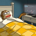 Cartoon bedroom scene showing a person with red hair sleeping under a yellow quilted blanket with a nightstand and lamp visible.