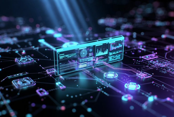 A futuristic digital concept image featuring glowing holographic data screens displaying charts and analytics, surrounded by neon purple and blue circuit board patterns.