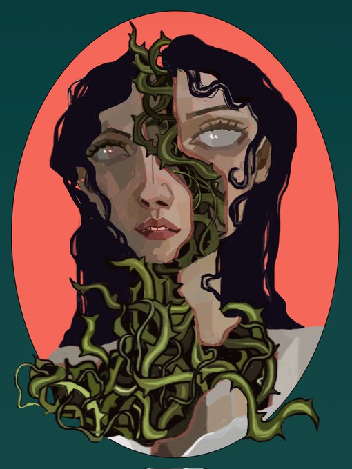 The image features a woman's face with her hair intertwined into vines, creating an artistic representation of entrapment or entwining. The background is a dark green color that contrasts with the red circle surrounding the woman's head. The caption "Good morning New drop ☆Entwined☆ 1/1" suggests that this image might be related to a post about entrapment in some way, possibly as part of a discussion or campaign against it.

The image is quite detailed and visually striking, with the woman's face being the central focus. The vines growing around her head add an element of intrigue and complexity to the scene. The use of color contrasts between the dark green background and the red circle further emphasizes the entrapment theme. Overall, this image effectively captures the essence of entrapment in a unique and thought-provoking manner.