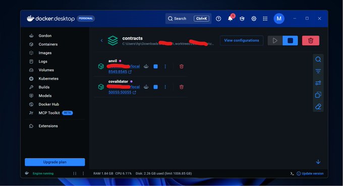 A screenshot of Docker Desktop showing the 'contracts' directory with two listed containers: 'anvil' and 'convalidator', both marked as 'local' with recent timestamps.