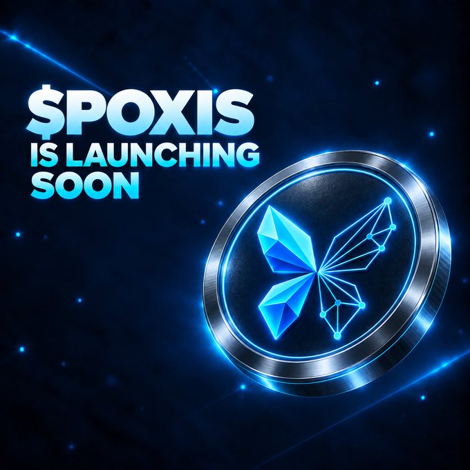 The image is a promotional graphic announcing "$POXIS IS LAUNCHING SOON," featuring a glowing blue metallic coin with a geometric "X" emblem, set against a dark cosmic background with light streaks. It visually reinforces the post's message about the upcoming launch of the $POXIS meme coin on Solana, including its airdrop details.
