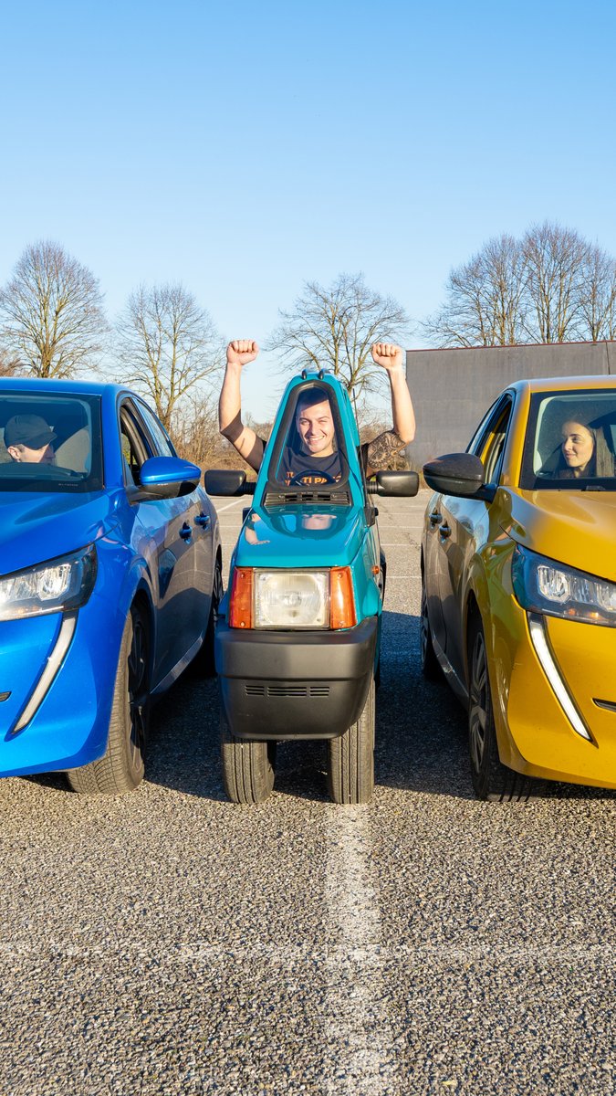 A tiny teal microcar is squeezed between two full-sized SUVs (blue and yellow), with a cheering driver whose arms are raised in triumph, humorously illustrating the post's joke about having just enough profit from long-held Ethereum to afford the smallest possible vehicle.