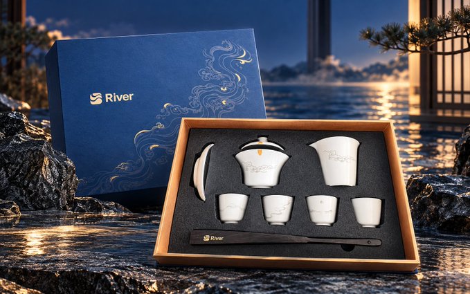 A 'River' brand porcelain tea set displayed in a blue gift box, set against a scenic waterfront background with rocks and pine.