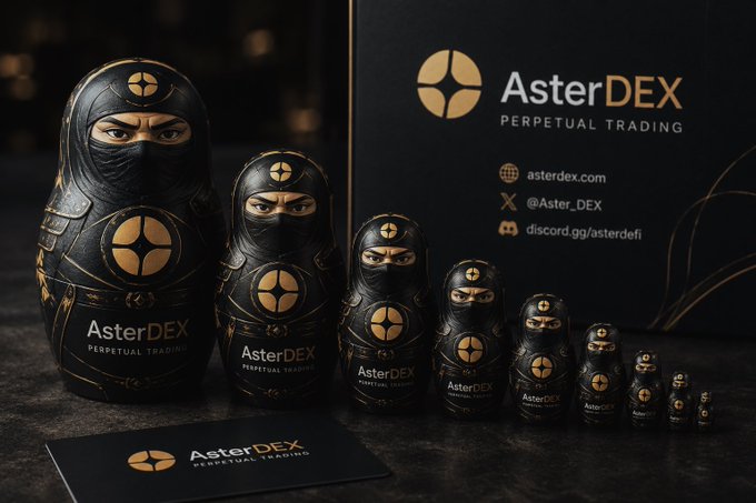 A promotional display for AsterDEX Perpetual Trading featuring nesting black matryoshka dolls with ninja-masked faces and the AsterDEX logo, alongside a banner listing the website asterdex.com, Twitter @Aster_DEX, and discord.gg/asterdefi.