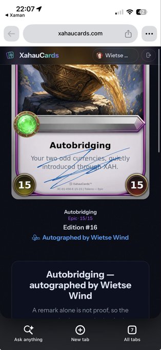 Another mobile screenshot of the same 'Autobridging' card from xahaucards.com, autographed by Wietse Wind, displaying edition details and partial description.