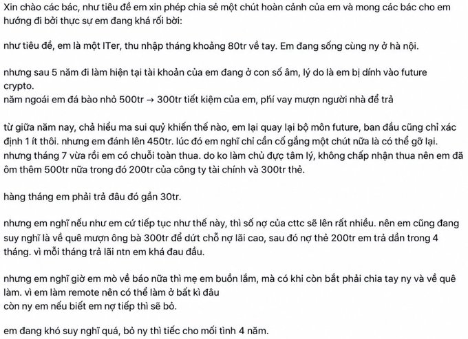 A Vietnamese text post where the writer shares their financial struggles with crypto futures losses, mentioning debts of 800 million VND to banks and 500 million VND, and worrying about their girlfriend finding out after 4 years together.