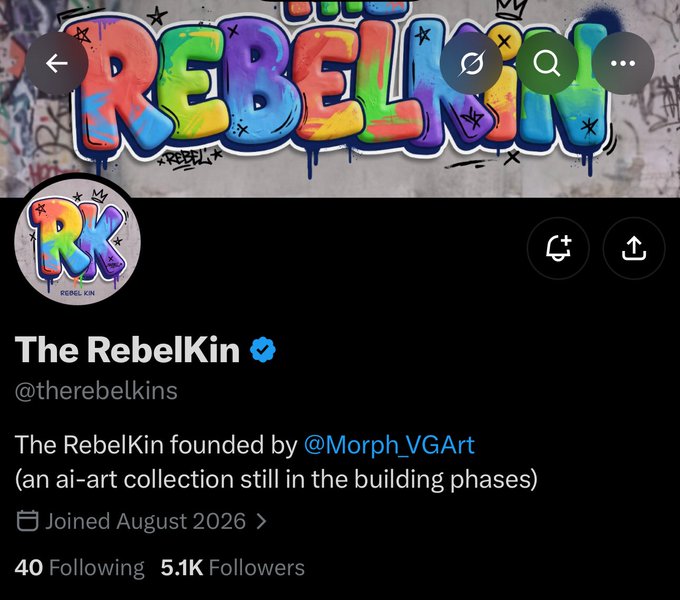 A Twitter/X profile page for 'The RebelKin' (@therebelkins), an AI-art collection founded by @Morph_VGArt, joined August 2026 with 5.1K followers and 40 following.