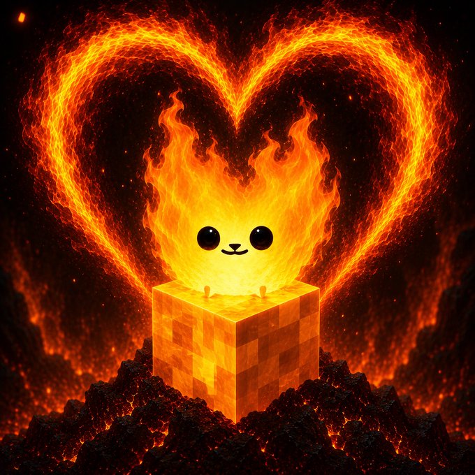 A cute, kawaii-style flame cat with big black eyes sits atop a glowing Minecraft-like block, surrounded by a heart-shaped inferno of fire and lava. The fiery, passion-filled imagery perfectly matches the post's "max bullish" $FLAMYCAT meme coin hype, visualizing the "lava lord" energy of early holders on DeDust.