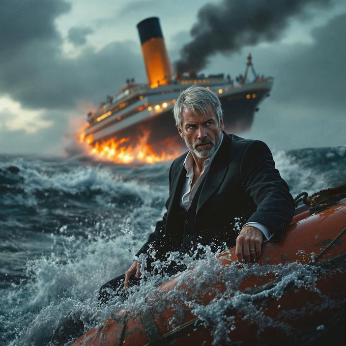 A distinguished gray-haired man in a dark suit clings to a red life raft amid stormy seas, with the iconic Titanic ablaze and sinking in the background—evoking a "strategy bomb" financial disaster, mirroring the post's warning that paying an 11.5% dividend on 108.5 million shares would sink the reserves.