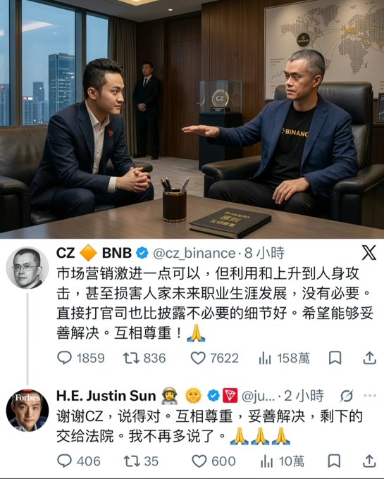 The image shows a Twitter/X exchange between CZ (@cz_binance) and Justin Sun (@ju...), where CZ posts about marketing competition getting personal and calling for respectful resolution, while Sun thanks CZ and agrees to leave the rest to the courts—reflecting the post's sentiment of supporting CZ ("确实顶CZ," meaning "CZ is indeed the man").