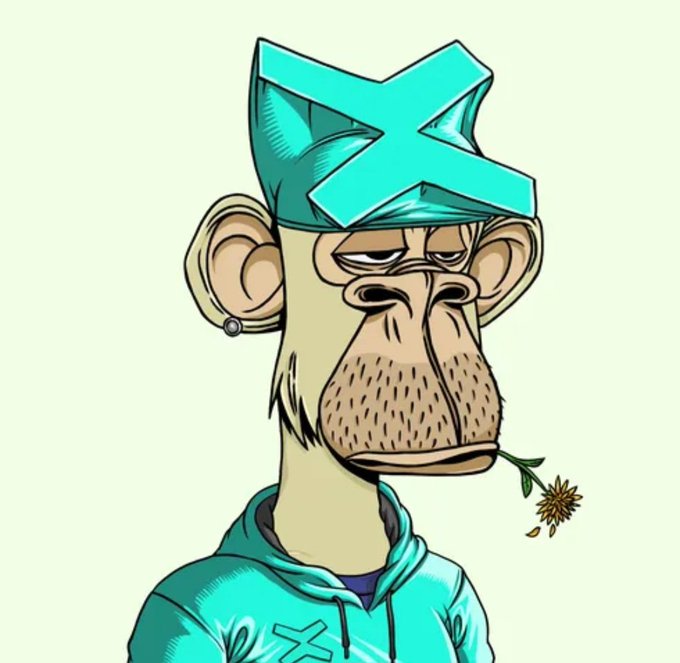 Cartoon illustration of a Bored Ape-style monkey character with a drooping face, holding a wilted flower in its mouth, wearing a turquoise hoodie with an 'X' logo and matching hat.
