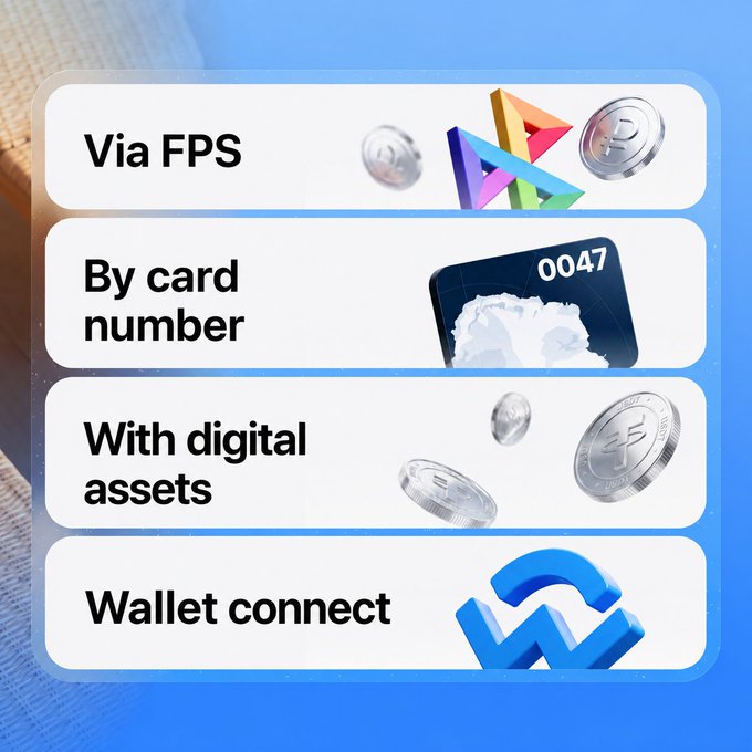 The image displays four funding options for a digital wallet: "Via FPS," "By card number" (with "0047" visible on the card), "With digital assets," and "Wallet connect," each accompanied by corresponding icons like coins and logos. These payment methods—FPS, card, crypto, and wallet integration—illustrate the multiple ways users can top up their balance, aligning with the discussion about Antarctic Wallet's flexible funding approach that treats the wallet balance as a unified starting point across different payment types.