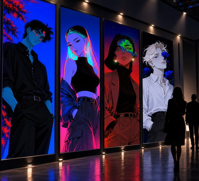 An art gallery or exhibition space displaying four large vertical digital portraits of stylish figures (two males and two females) illuminated in blue, pink, and red lighting, with silhouetted viewers observing the artwork.