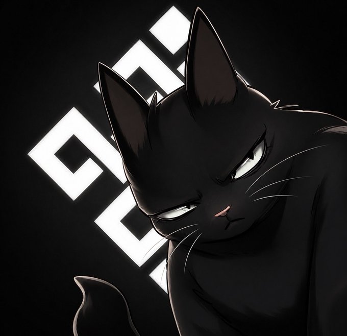 A black cat with a serious expression sits in front of a stylized white logo on a black background.