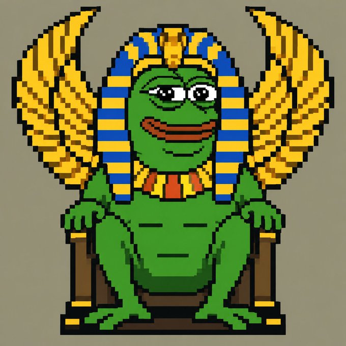 A pixel art illustration of a green frog-like creature wearing an Egyptian pharaoh headdress with blue and gold stripes, sitting on a throne with golden wings behind it.