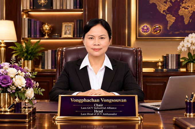 A woman in a black suit sits at a desk with a nameplate reading 'Vongphachan Vongsouvan, Chair, Laos GCV Industrial Alliance, Head, Laos Head of JCV Ambassador'.