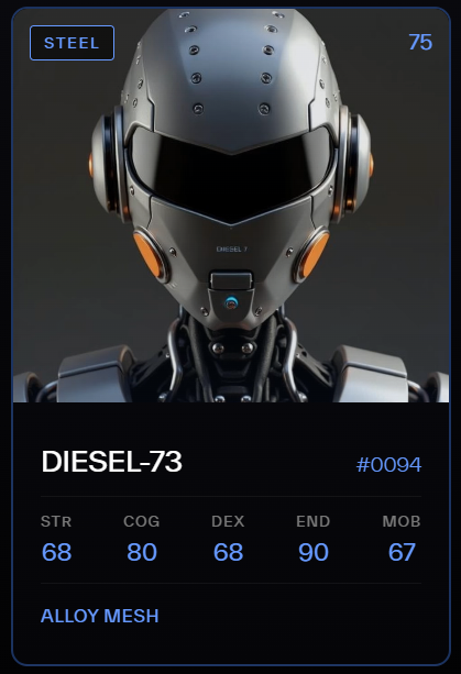 The image features an advertisement for a Diesel card, which is a type of credit card designed specifically for use with diesel vehicles. The card has been recently issued by Diesel, and it offers various benefits such as discounts at fuel stations or other diesel-related businesses, as well as access to exclusive diesel-focused events and promotions. The image also includes information about the card's status on social media platforms like Twitter, where it was shared with a post that reads "I've finally secured a couple of Iron, and this Steel Humanoid card from @xmaquina The team know how much I've been after these cards".