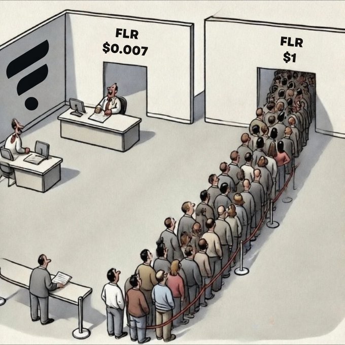 The cartoon illustrates a massive crowd lining up for "$FLR $1" while a lone, bored clerk sits empty at the neighboring "$FLR $0.007" desk, symbolizing how investors are ignoring the stock's actual low price in favor of round-number hype.