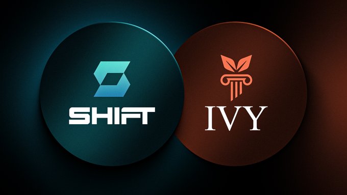 Two overlapping circular logos are displayed side by side: a teal-shaded emblem featuring the "SHIFT" name and an angular blue icon on the left, and a copper-toned emblem labeled "IVY" with a classical column and laurel design on the right, visually representing the partnership between SHIFT and Ivy Markets to create an on-chain options vault built on SPCX.