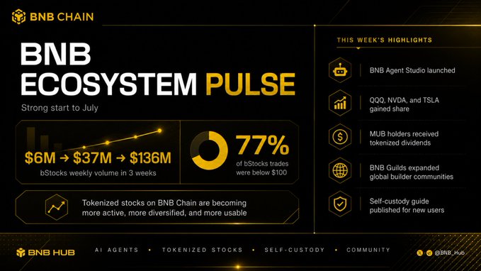 A 'BNB ECOSYSTEM PULSE' report dated to July highlights tokenized stock growth from $6M to $136M, with weekly news on BNB Agent Studio launch, QQQ/NVDA/TSLA share gains, MUB tokenized dividends, and BNB Guilds expansion.