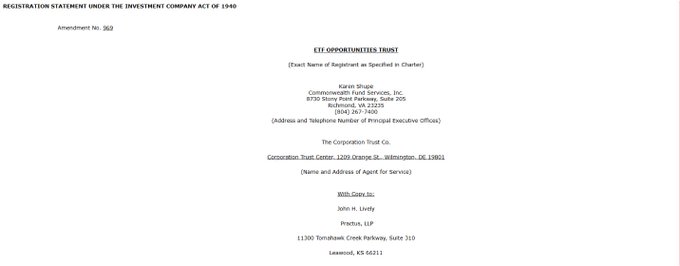 The image shows the cover page of a Registration Statement under the Investment Company Act of 1940, Amendment No. 963, for ETF Opportunities Trust, listing Karen Shupe of Commonwealth Fund Services, Inc. as the principal executive officer and With Gravity Inc. as the agent for service—this filing relates to the Form N-1A Post-Effective Amendment covering the REX-Osprey crypto ETF suite, as referenced in the accompanying post.