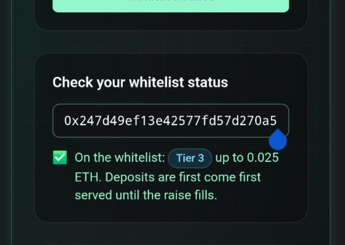 A digital interface displays a whitelist status check for wallet address 0x247d49ef13e42577fd57d270a5, confirming it is 'On the whitelist: Tier 3 up to 0.025 ETH' on a first-come, first-served basis.