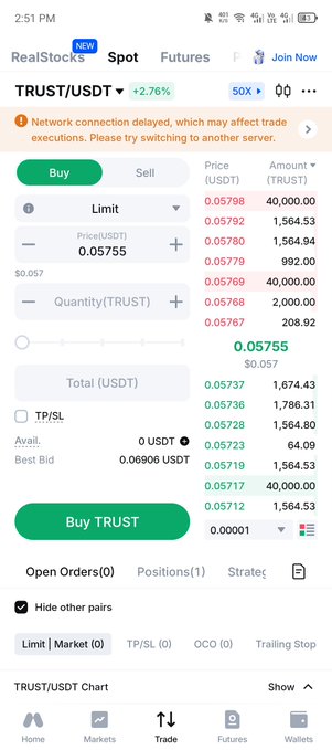 A cryptocurrency trading app screenshot shows a buy order for TRUST/USDT with a price of 0.05755 USDT and an order book on the right.