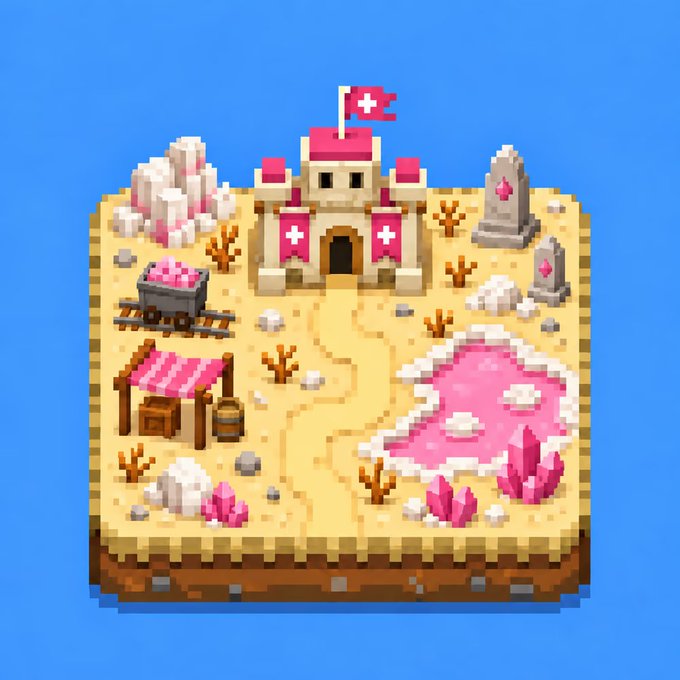 A pixel art isometric desert island scene featuring a sandcastle with a red flag and crosses, a pink crystal lake, a minecart, and a market stall. The vibrant game-style artwork complements the "Legendary Hoodland Giveaway" post by visually representing the whimsical, gamified virtual land prize being offered to one lucky follower.