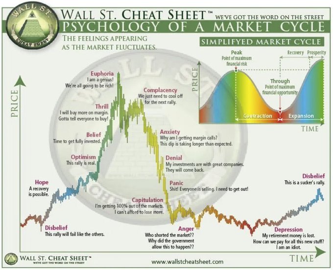 The 'Wall St. Cheat Sheet' 'Psychology of a Market Cycle' chart, illustrating the emotional stages of a financial market (such as Hope, Euphoria, and Denial) plotted against Price and Time.