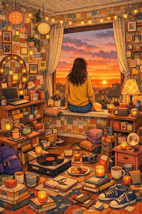 A young woman gazes out at a vibrant sunset from a cozy, eclectic room filled with books, candles, a laptop, and various nostalgic objects. The warm, intimate scene evokes a sense of creative inspiration and personal reflection, complementing the announcement of a new art piece available on @objktcom.