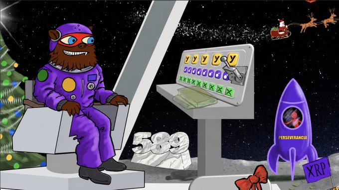 A cartoon bear astronaut sits beside a newly completed control panel in a space-themed scene, matching the post’s “Control panel complete, lock tf in.” A purple rocket labeled “PERSEVERANCIA” and a sign marked “XRP” are also visible.