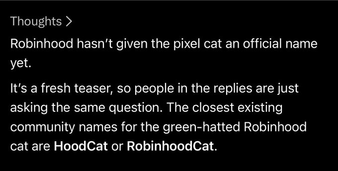 A text snippet titled 'Thoughts' explaining that Robinhood hasn't officially named the pixel cat teaser, with community suggestions of 'HoodCat' or 'RobinhoodCat'.